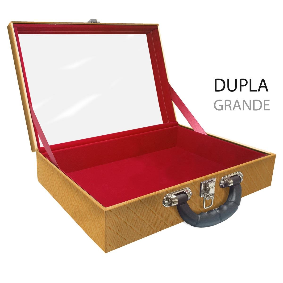 Estojo Maleta Porta Jóias Duplo Grande Vazia Dijon Dourado Com Alça Preta e Espelho