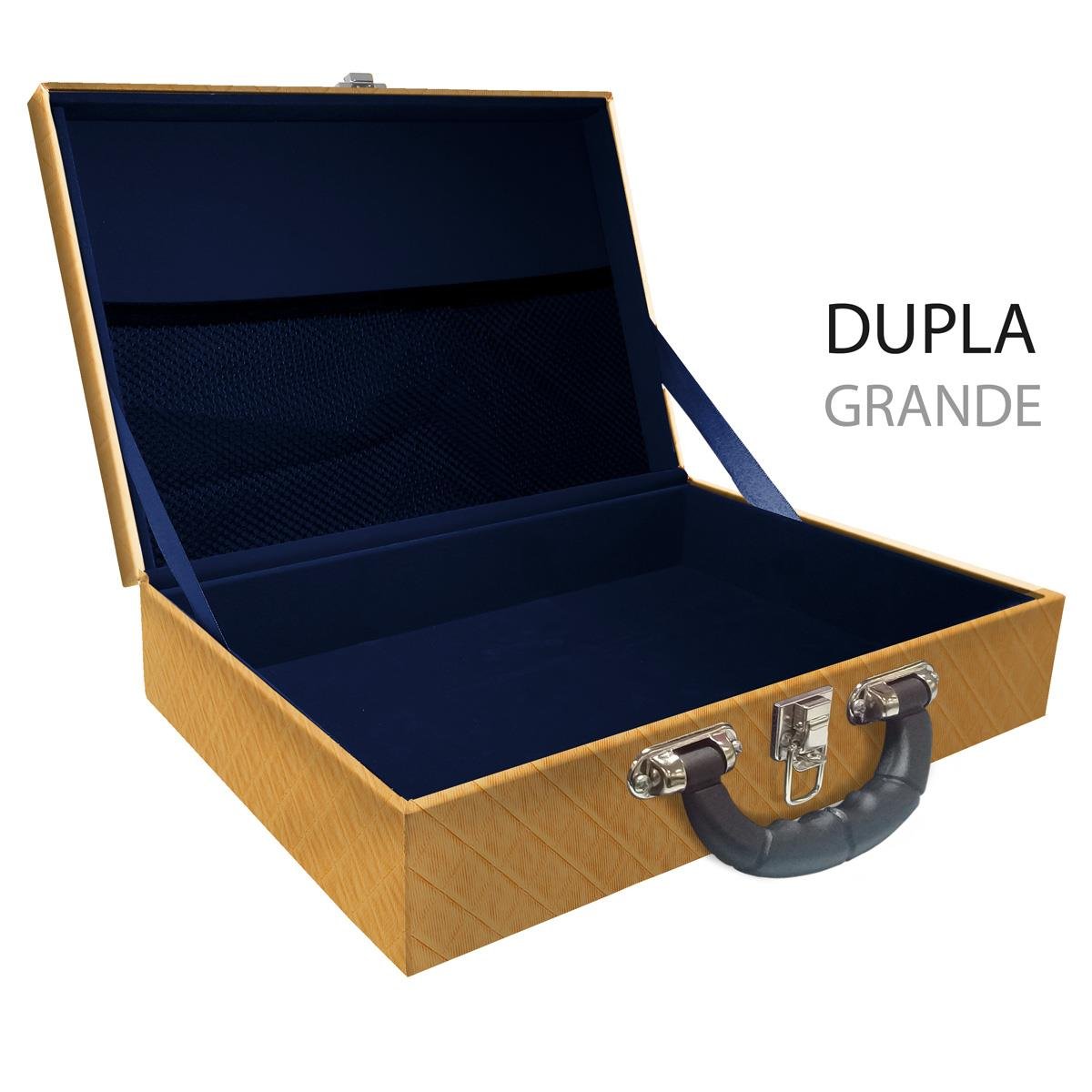 Estojo Maleta Porta Jóias Duplo Grande Vazia Dijon Dourado Com Alça Preta e Redinha