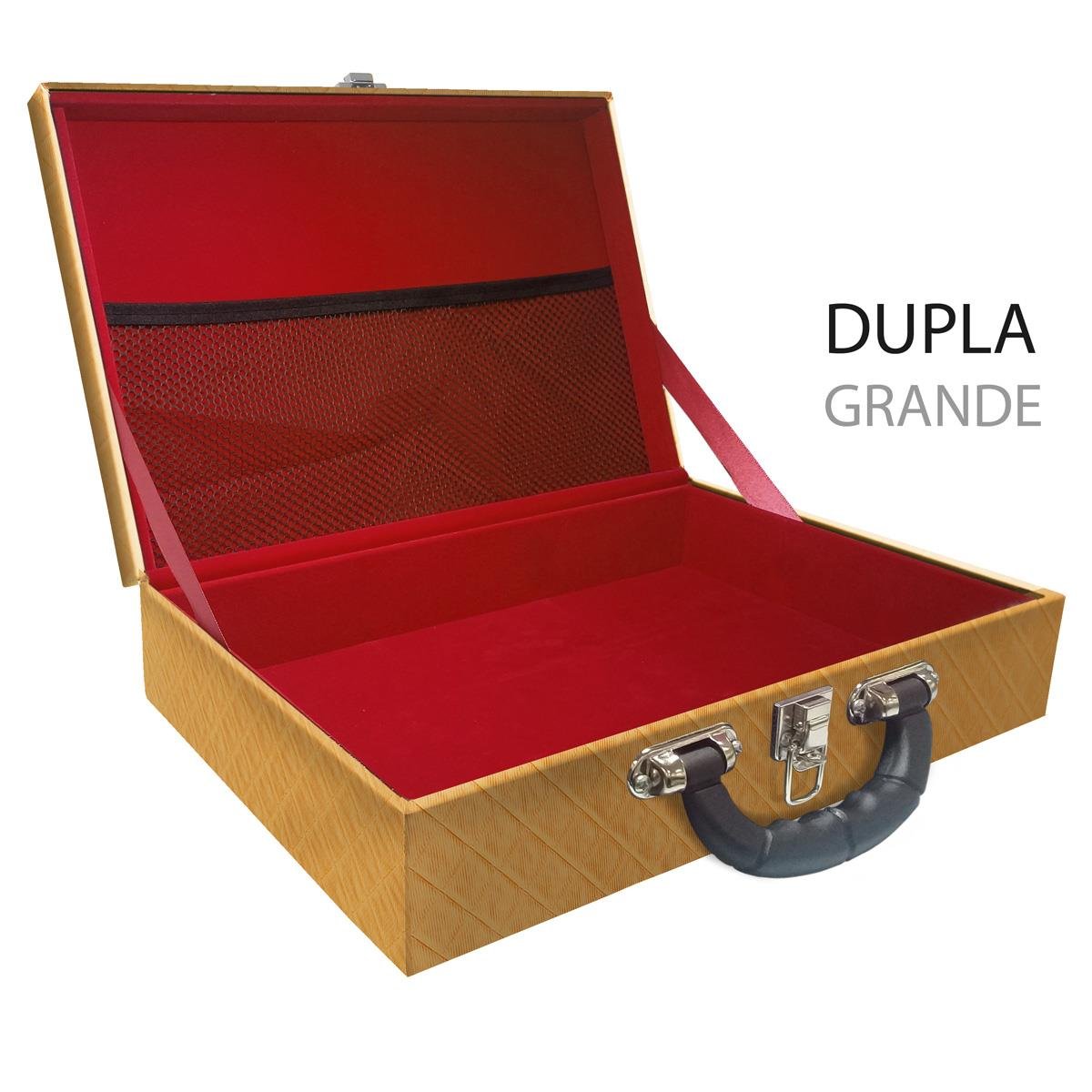 Estojo Maleta Porta Jóias Duplo Grande Vazia Dijon Dourado Com Alça Preta e Redinha