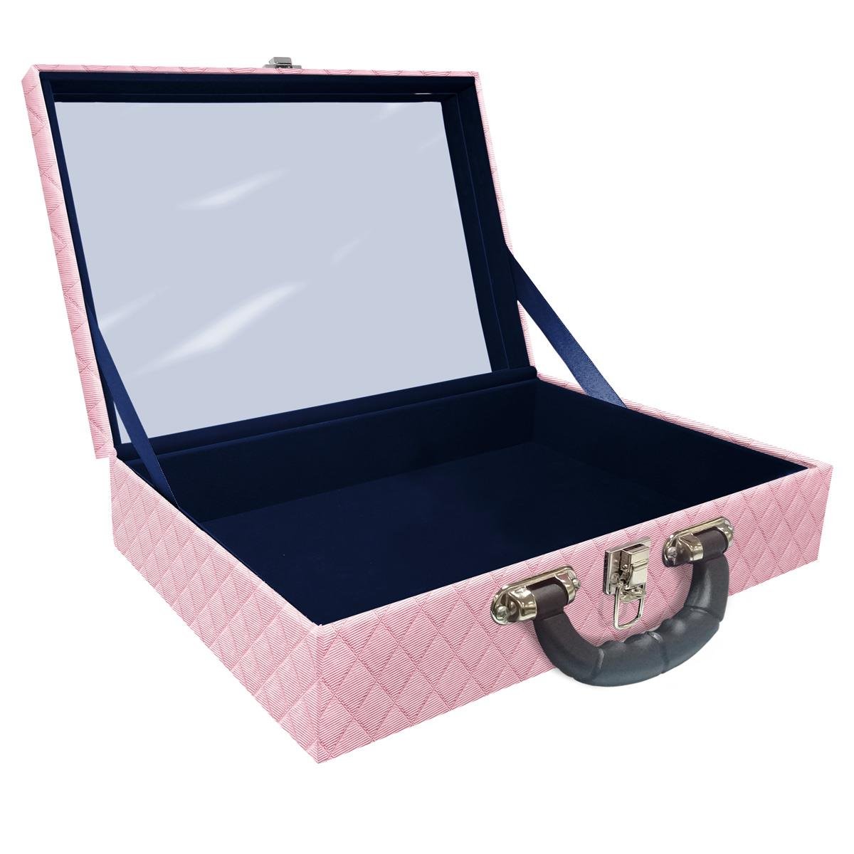 Estojo Maleta Porta Jóias Dupla Grande Vazia Dijon Rosa Bebê Metalizado Com Alça Preta e Espelho