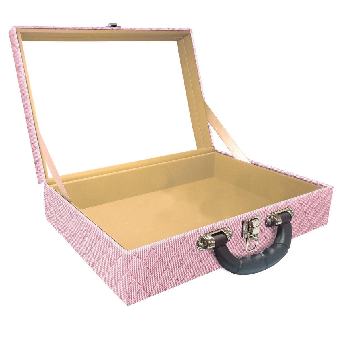 Estojo Maleta Porta Jóias Dupla Grande Vazia Dijon Rosa Bebê Metalizado Com Alça Preta e Espelho