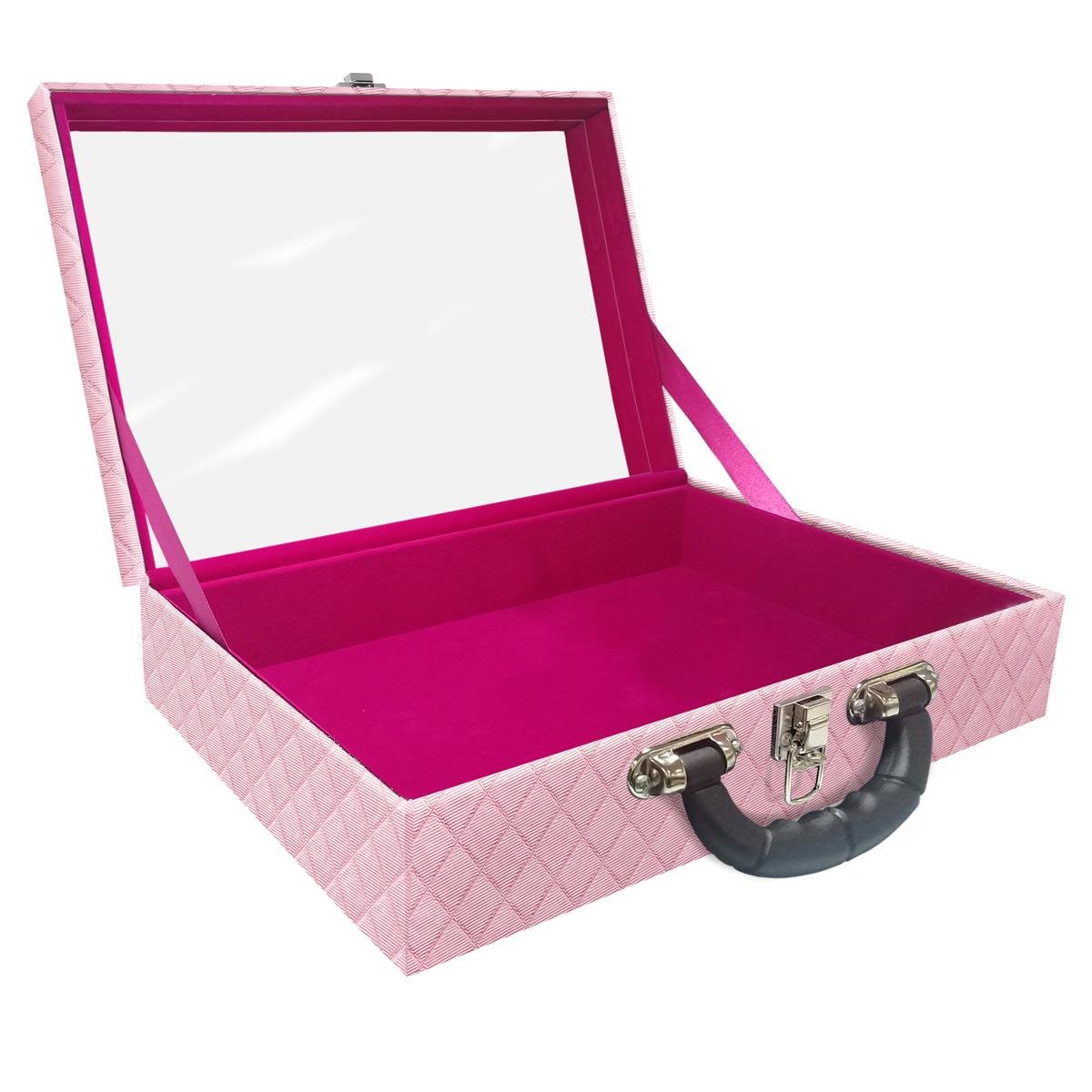 Estojo Maleta Porta Jóias Dupla Grande Vazia Dijon Rosa Bebê Metalizado Com Alça Preta e Espelho