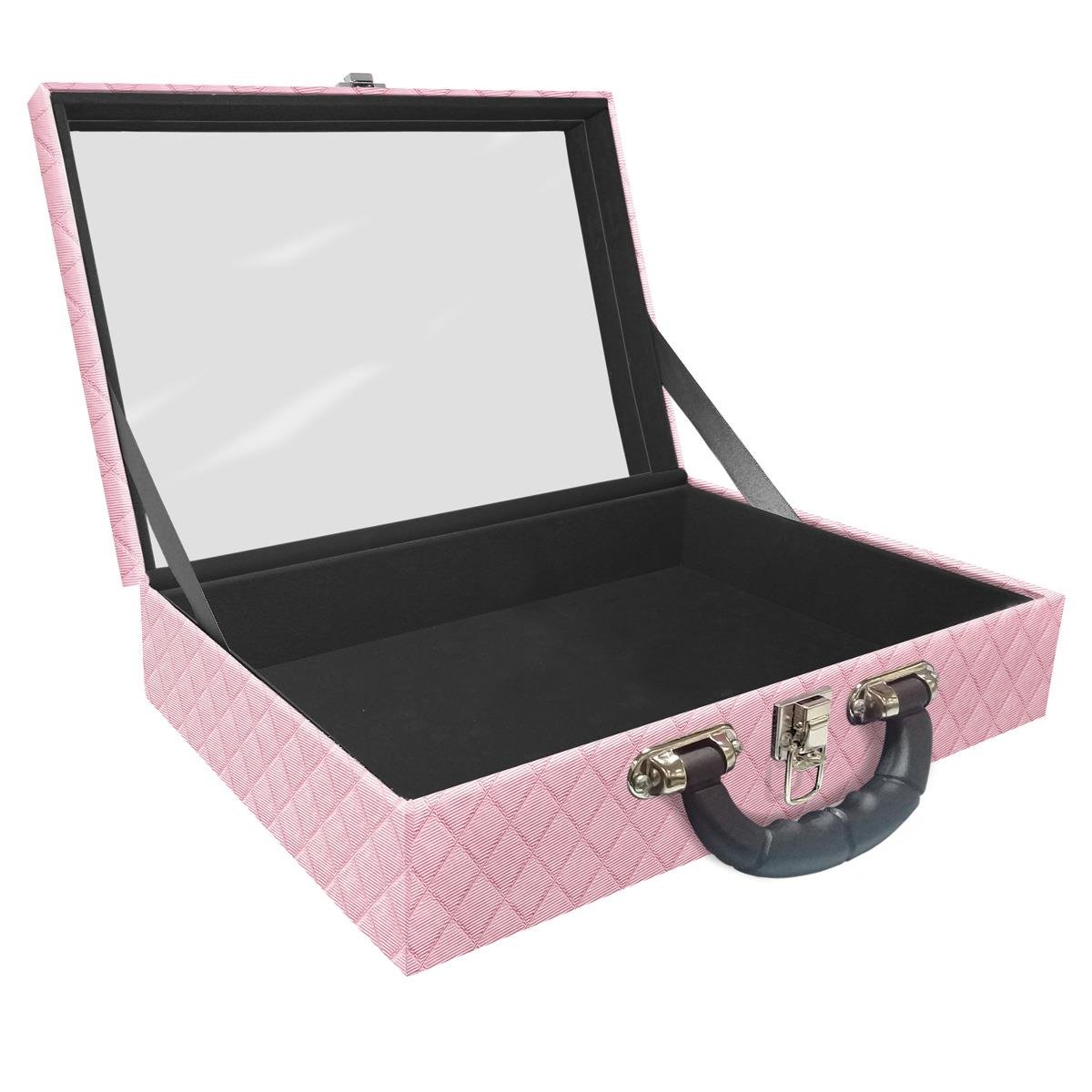 Estojo Maleta Porta Jóias Dupla Grande Vazia Dijon Rosa Bebê Metalizado Com Alça Preta e Espelho