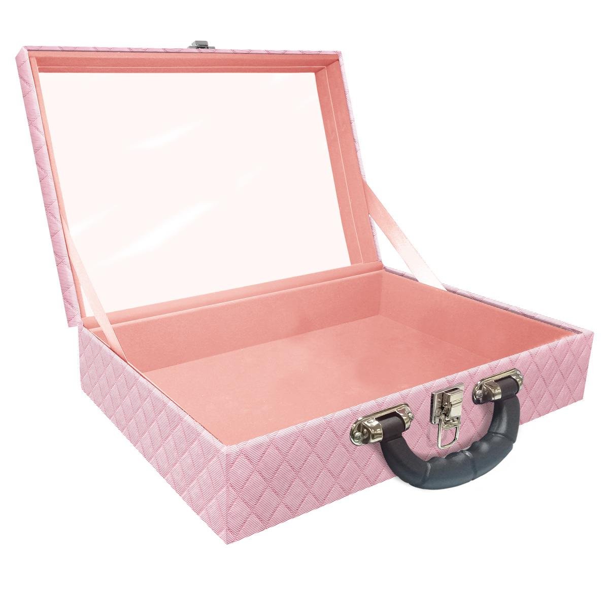 Estojo Maleta Porta Jóias Dupla Grande Vazia Dijon Rosa Bebê Metalizado Com Alça Preta e Espelho