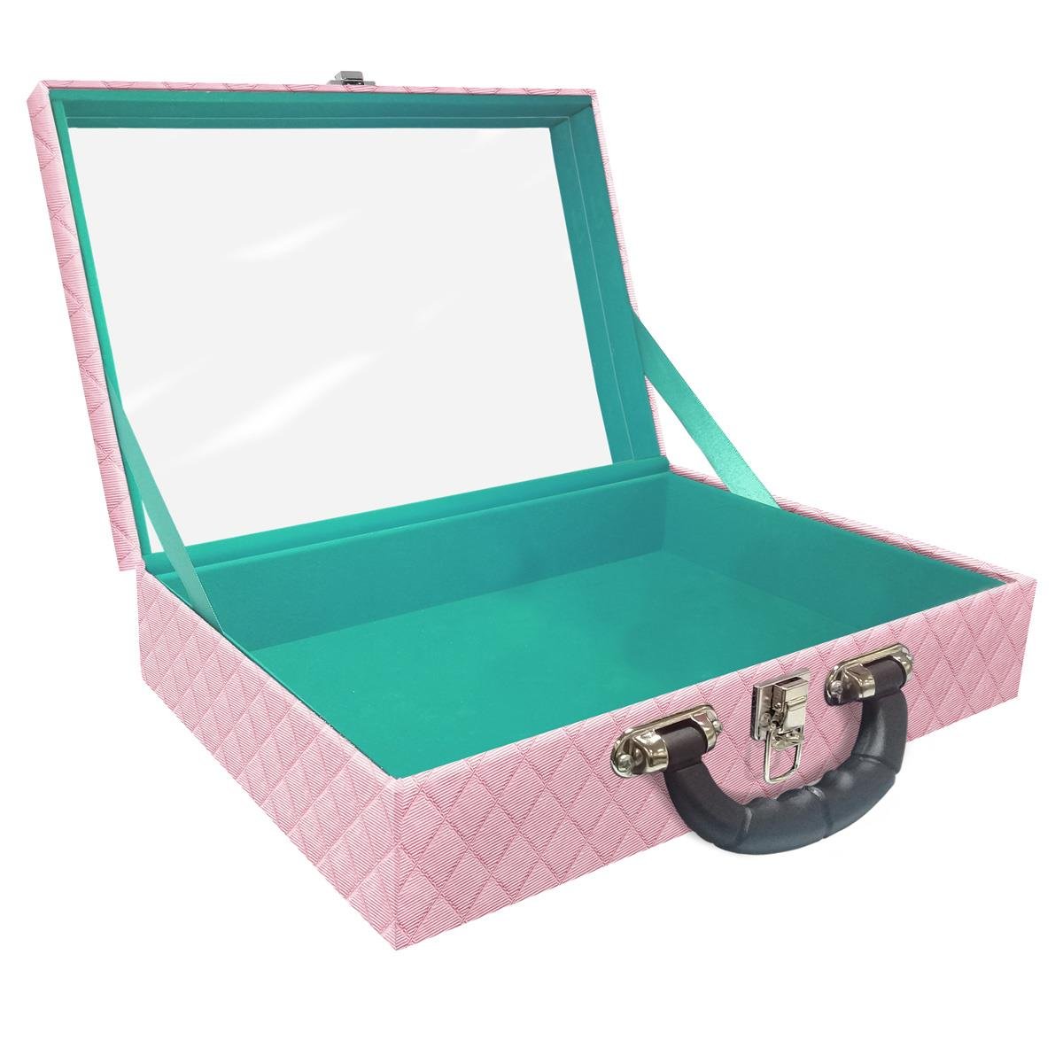 Estojo Maleta Porta Jóias Dupla Grande Vazia Dijon Rosa Bebê Metalizado Com Alça Preta e Espelho