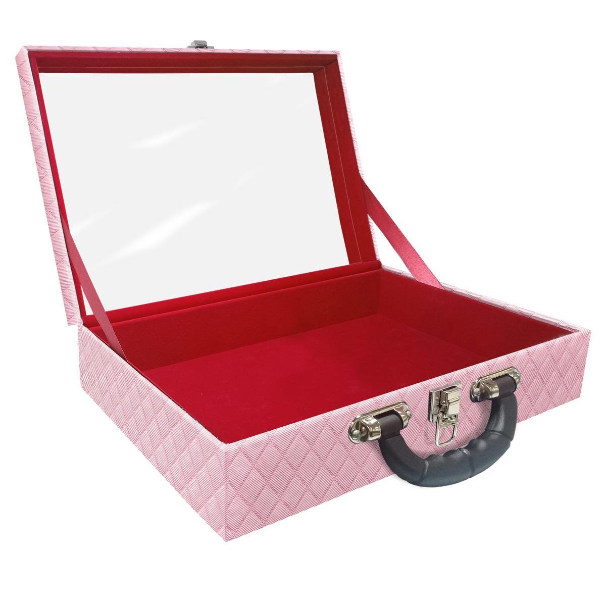 Estojo Maleta Porta Jóias Dupla Grande Vazia Dijon Rosa Bebê Metalizado Com Alça Preta e Espelho