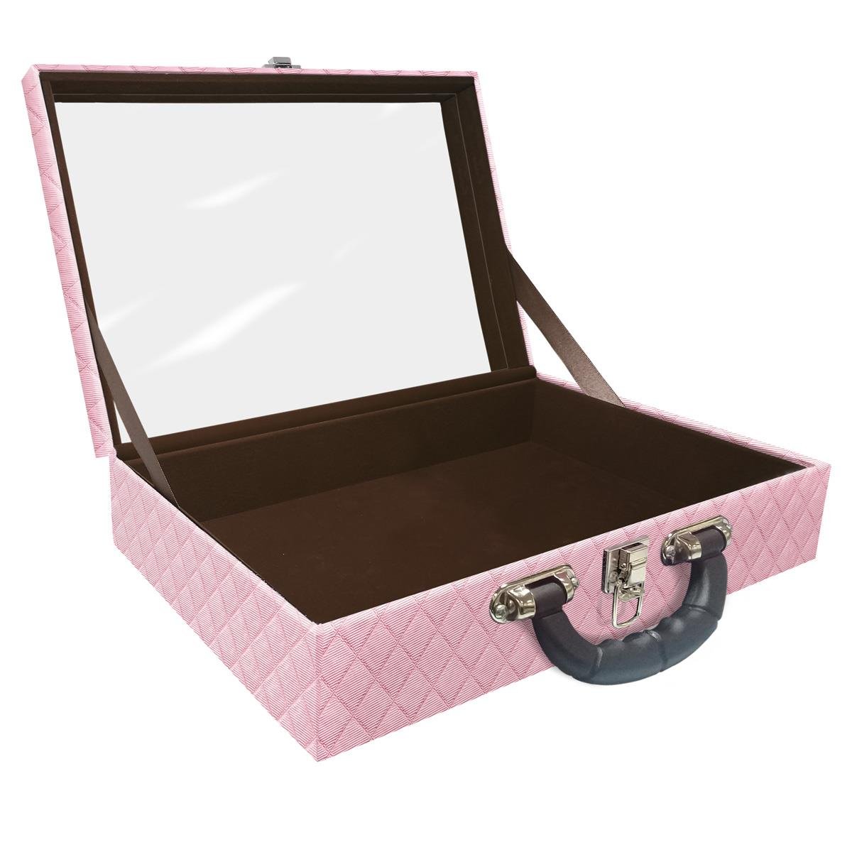 Estojo Maleta Porta Jóias Dupla Grande Vazia Dijon Rosa Bebê Metalizado Com Alça Preta e Espelho