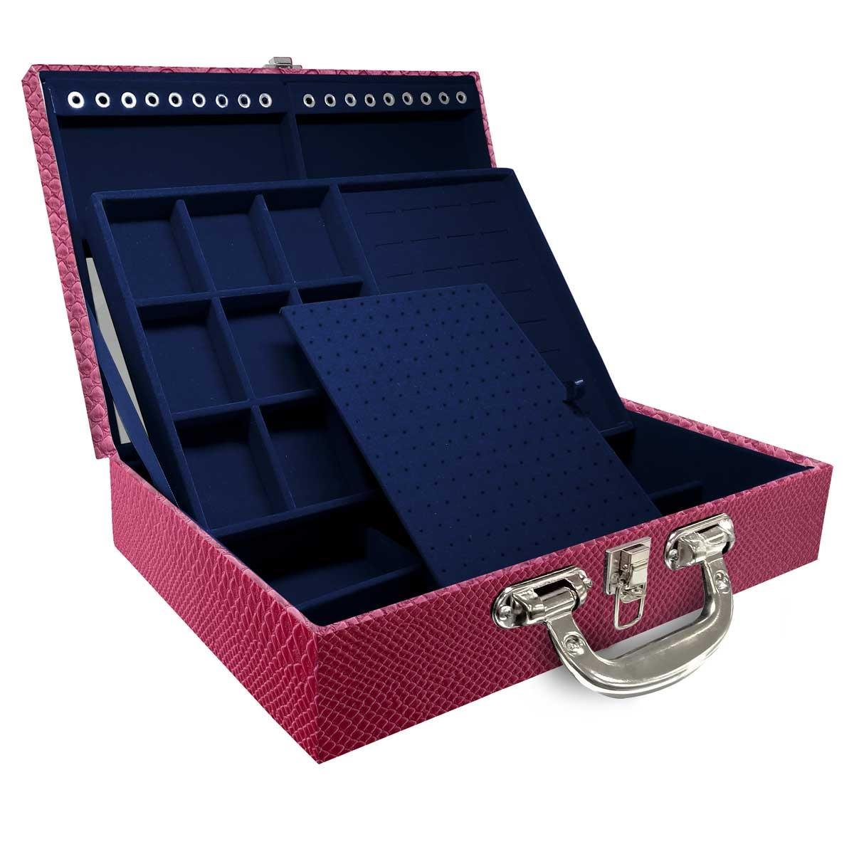 Estojo Maleta Porta Jóias Duplo Grande Vibora Pink Metalizada Com Alça Cromada e Espelho