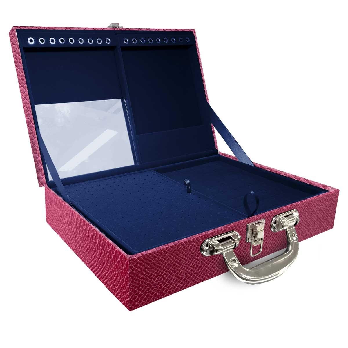 Estojo Maleta Porta Jóias Duplo Grande Vibora Pink Metalizada Com Alça Cromada e Espelho