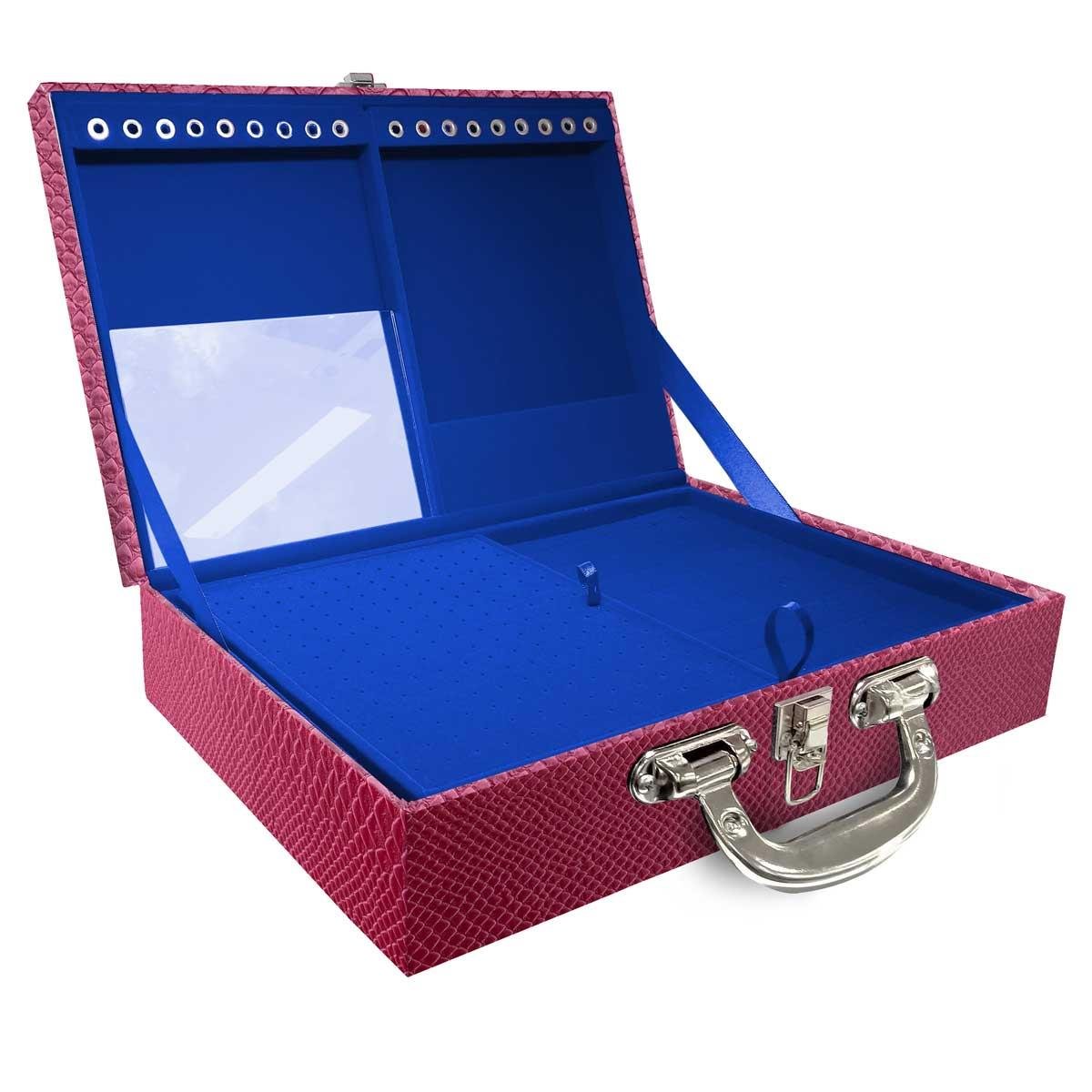 Estojo Maleta Porta Jóias Duplo Grande Vibora Pink Metalizada Com Alça Cromada e Espelho