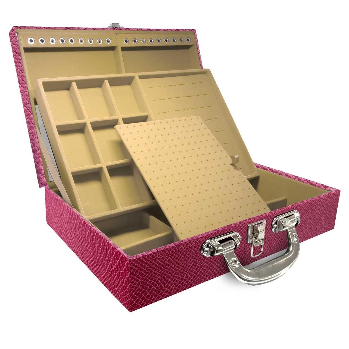 Estojo Maleta Porta Jóias Duplo Grande Vibora Pink Metalizada Com Alça Cromada e Espelho