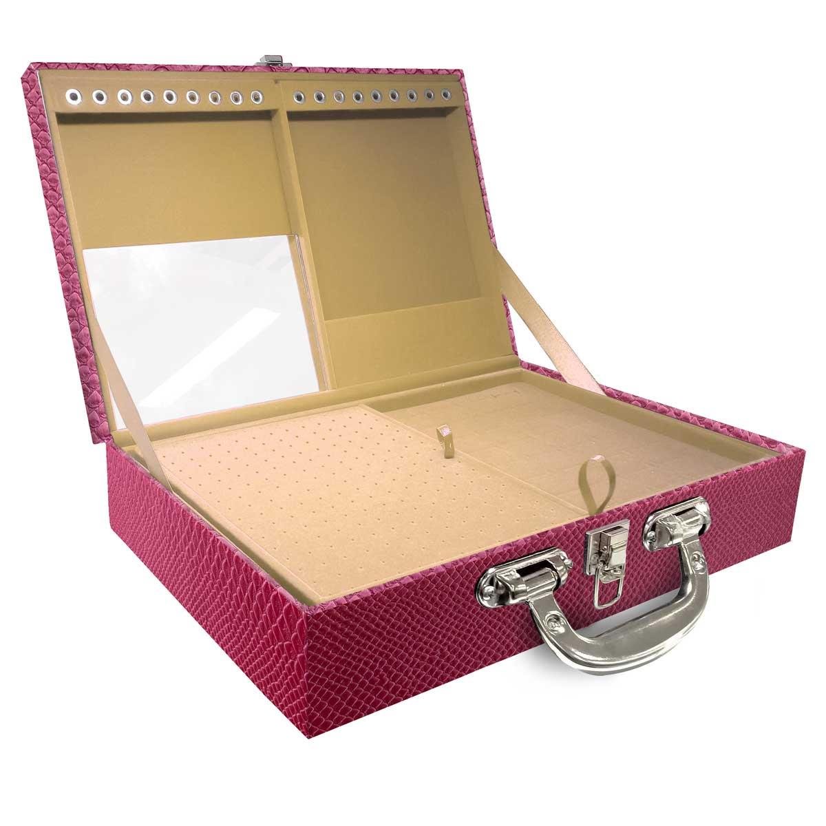 Estojo Maleta Porta Jóias Duplo Grande Vibora Pink Metalizada Com Alça Cromada e Espelho