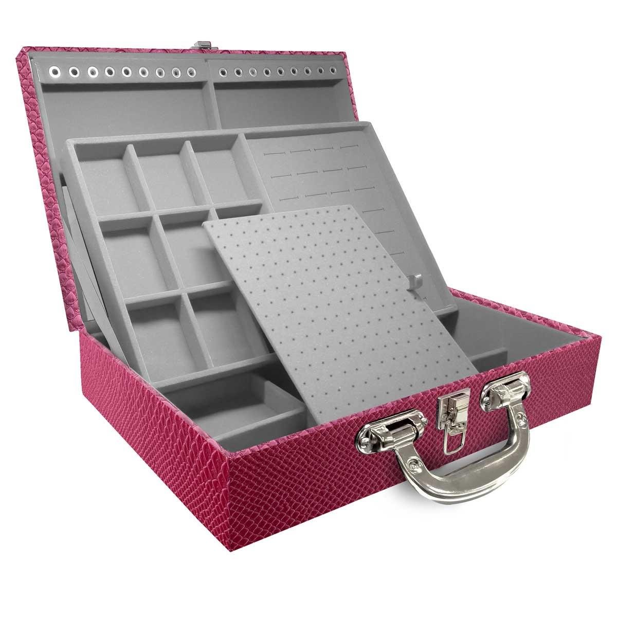 Estojo Maleta Porta Jóias Duplo Grande Vibora Pink Metalizada Com Alça Cromada e Espelho