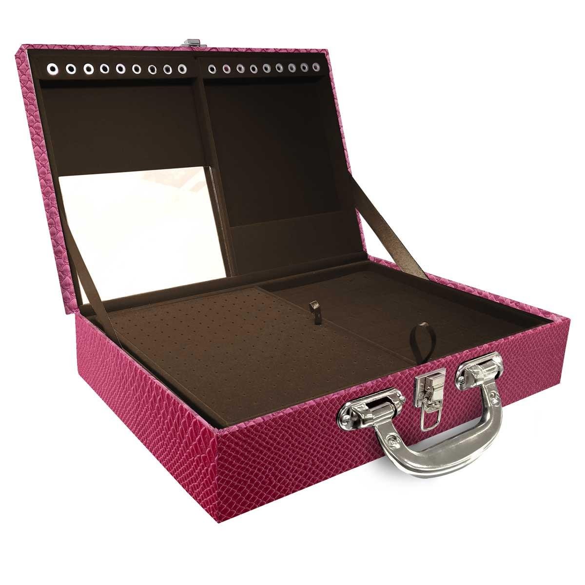 Estojo Maleta Porta Jóias Duplo Grande Vibora Pink Metalizada Com Alça Cromada e Espelho