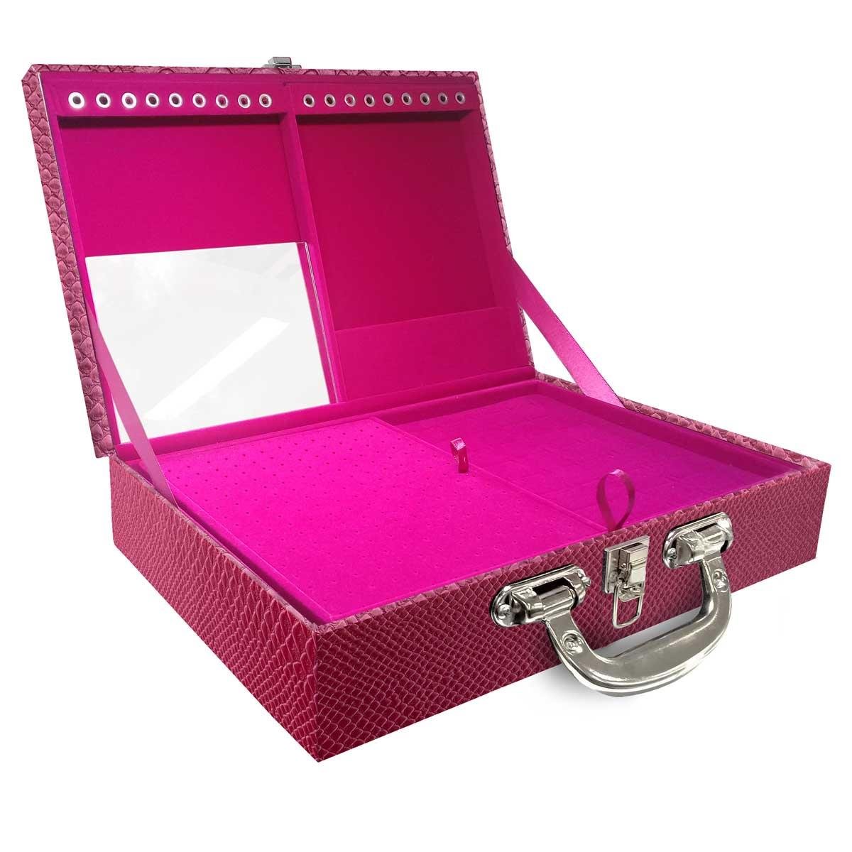 Estojo Maleta Porta Jóias Duplo Grande Vibora Pink Metalizada Com Alça Cromada e Espelho