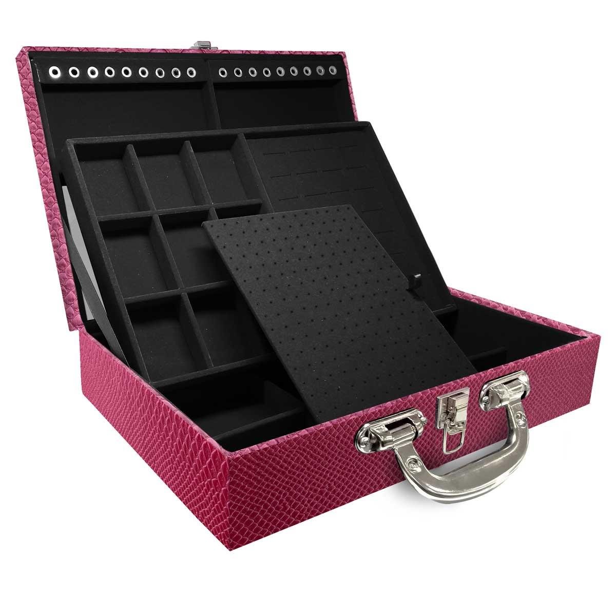 Estojo Maleta Porta Jóias Duplo Grande Vibora Pink Metalizada Com Alça Cromada e Espelho