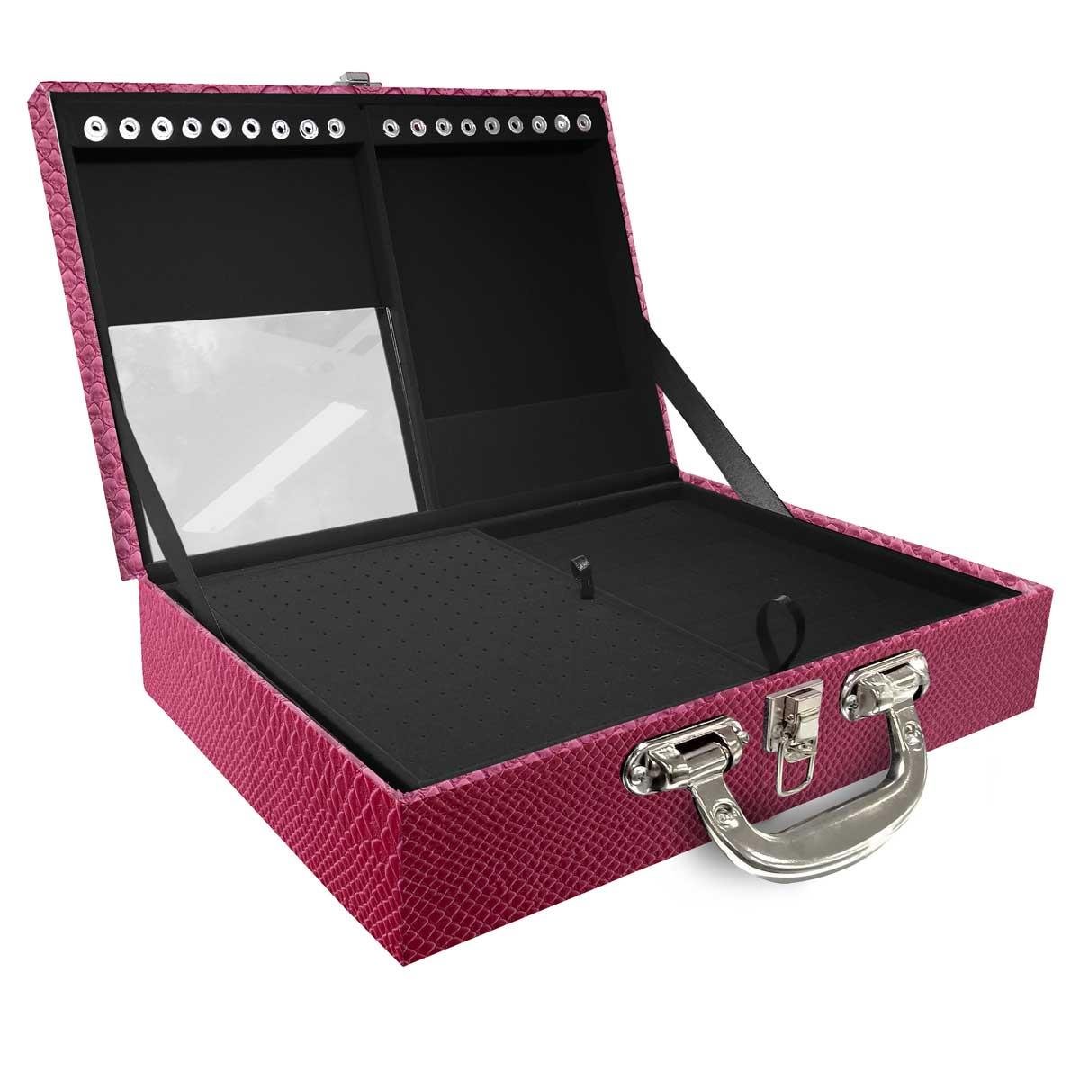 Estojo Maleta Porta Jóias Duplo Grande Vibora Pink Metalizada Com Alça Cromada e Espelho