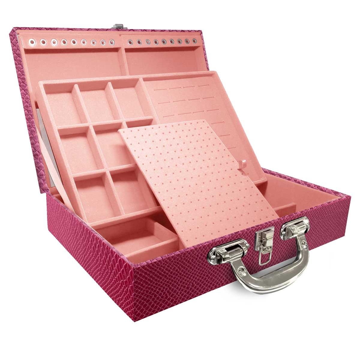 Estojo Maleta Porta Jóias Duplo Grande Vibora Pink Metalizada Com Alça Cromada e Espelho