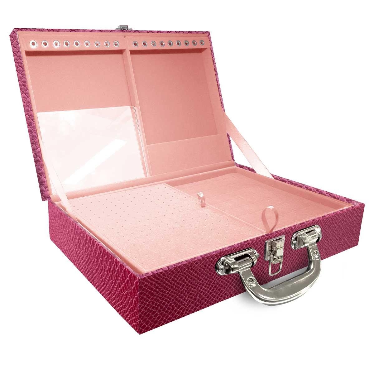 Estojo Maleta Porta Jóias Duplo Grande Vibora Pink Metalizada Com Alça Cromada e Espelho