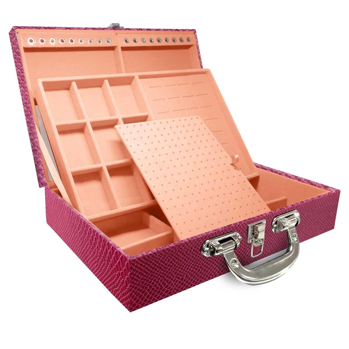 Estojo Maleta Porta Jóias Duplo Grande Vibora Pink Metalizada Com Alça Cromada e Espelho