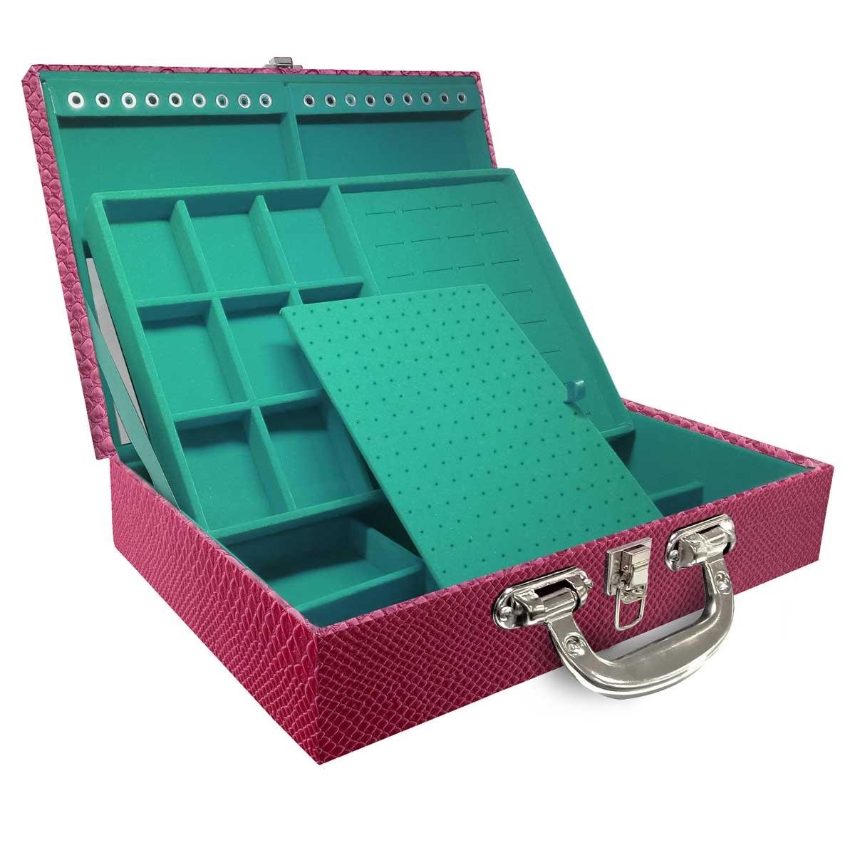 Estojo Maleta Porta Jóias Duplo Grande Vibora Pink Metalizada Com Alça Cromada e Espelho