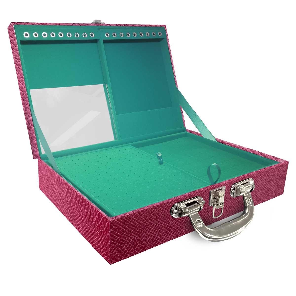 Estojo Maleta Porta Jóias Duplo Grande Vibora Pink Metalizada Com Alça Cromada e Espelho