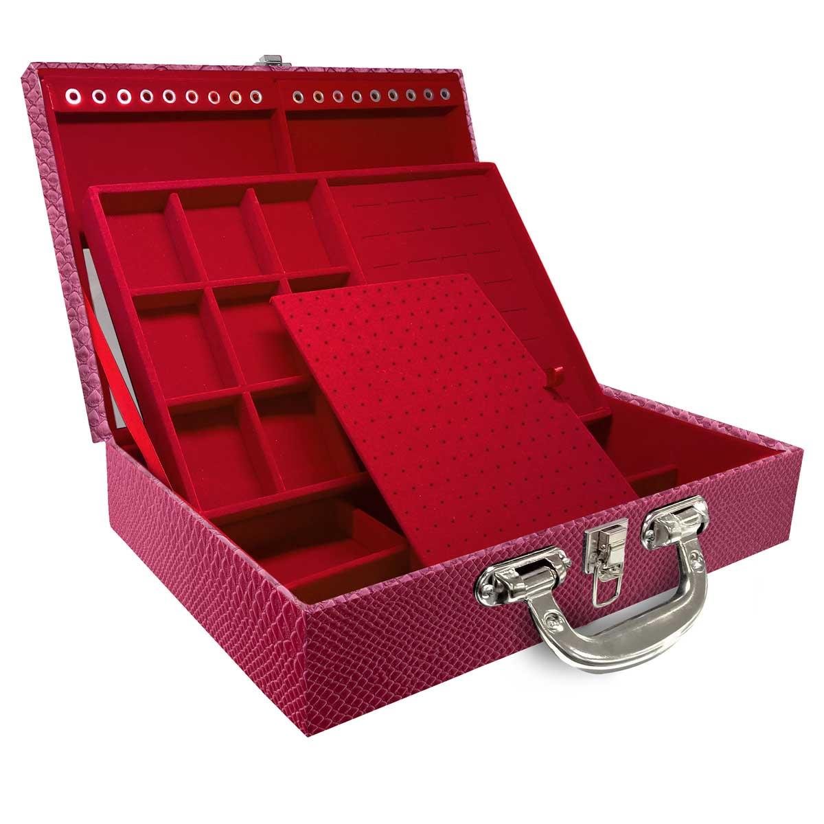 Estojo Maleta Porta Jóias Duplo Grande Vibora Pink Metalizada Com Alça Cromada e Espelho