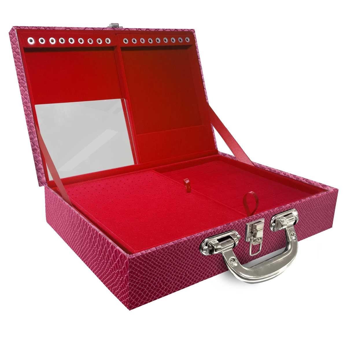 Estojo Maleta Porta Jóias Duplo Grande Vibora Pink Metalizada Com Alça Cromada e Espelho