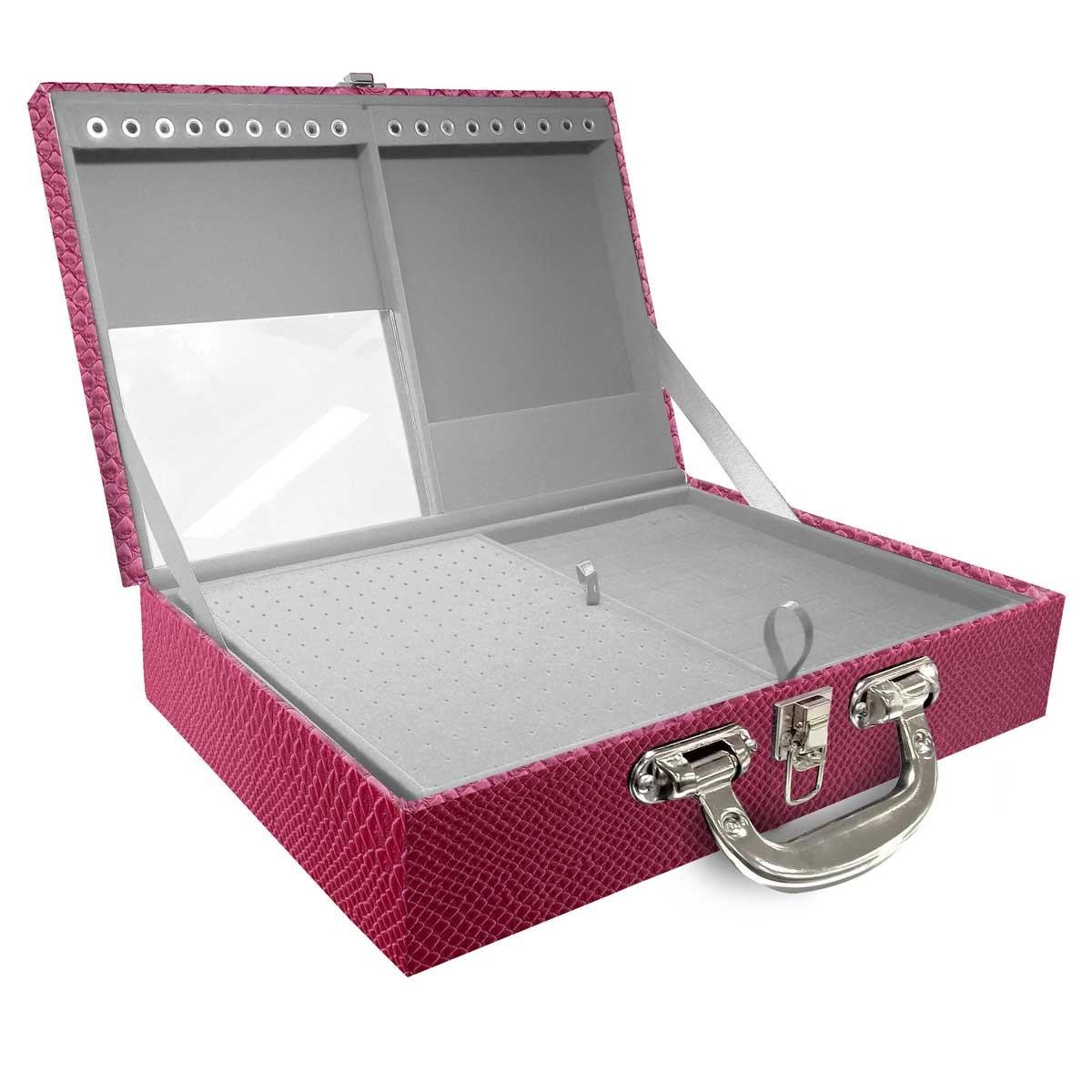 Estojo Maleta Porta Jóias Duplo Grande Vibora Pink Metalizada Com Alça Cromada e Espelho