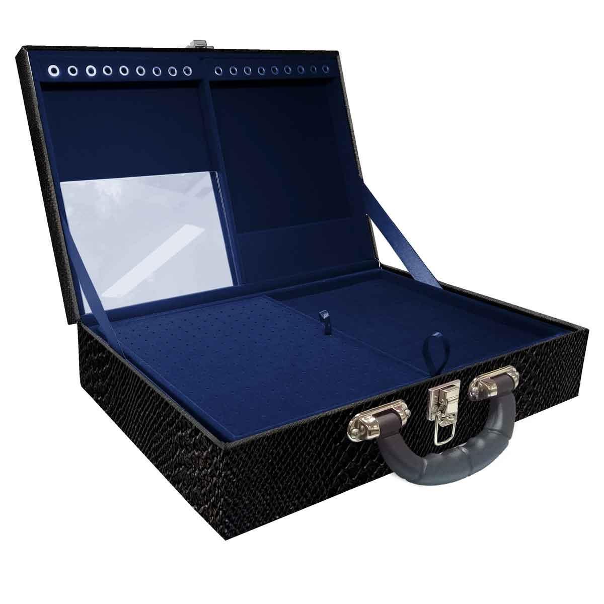 Estojo Maleta Porta Jóias Duplo Grande Vibora Preta Com Alça Preta e Espelho