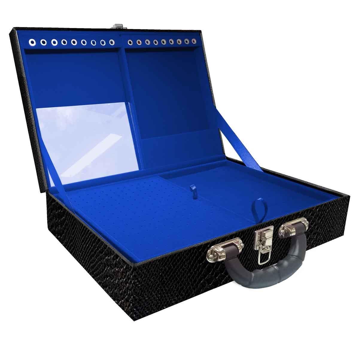 Estojo Maleta Porta Jóias Duplo Grande Vibora Preta Com Alça Preta e Espelho