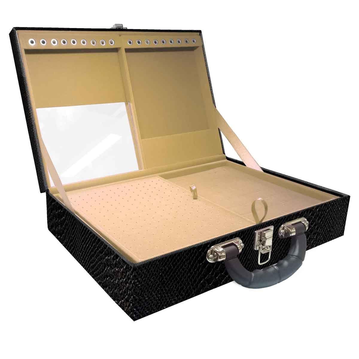 Estojo Maleta Porta Jóias Duplo Grande Vibora Preta Com Alça Preta e Espelho