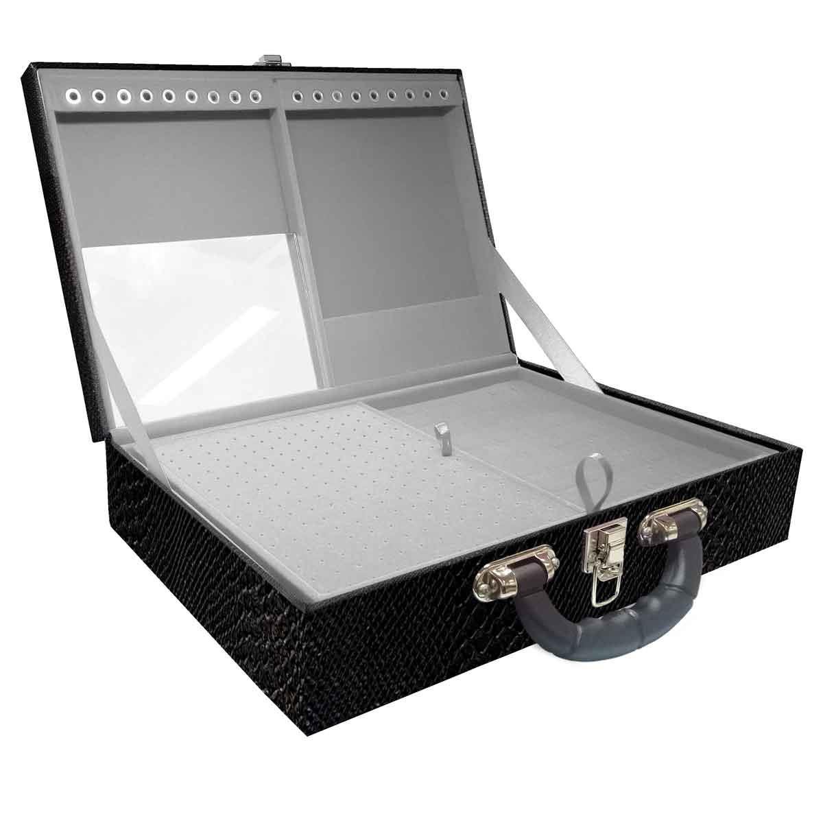 Estojo Maleta Porta Jóias Duplo Grande Vibora Preta Com Alça Preta e Espelho