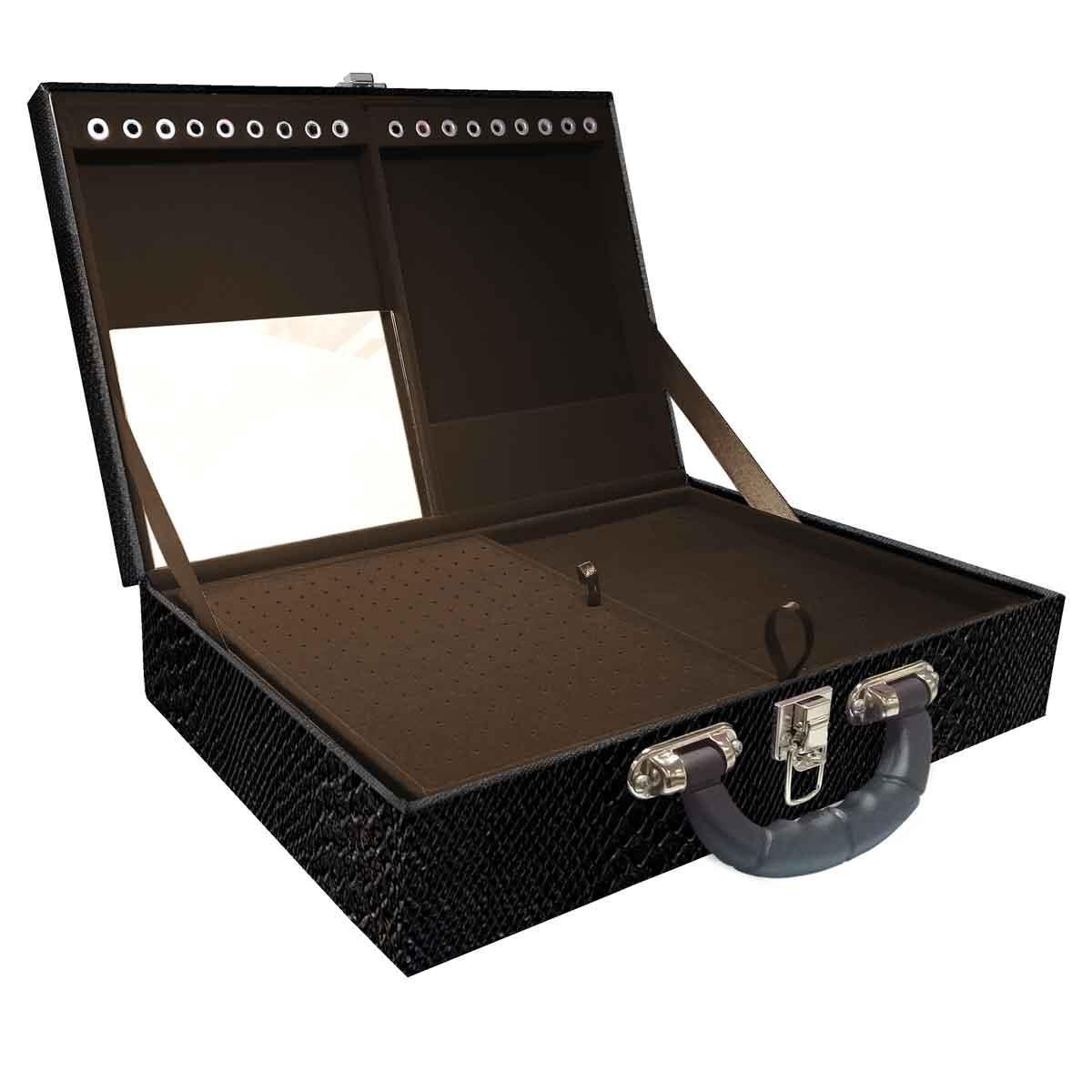 Estojo Maleta Porta Jóias Duplo Grande Vibora Preta Com Alça Preta e Espelho