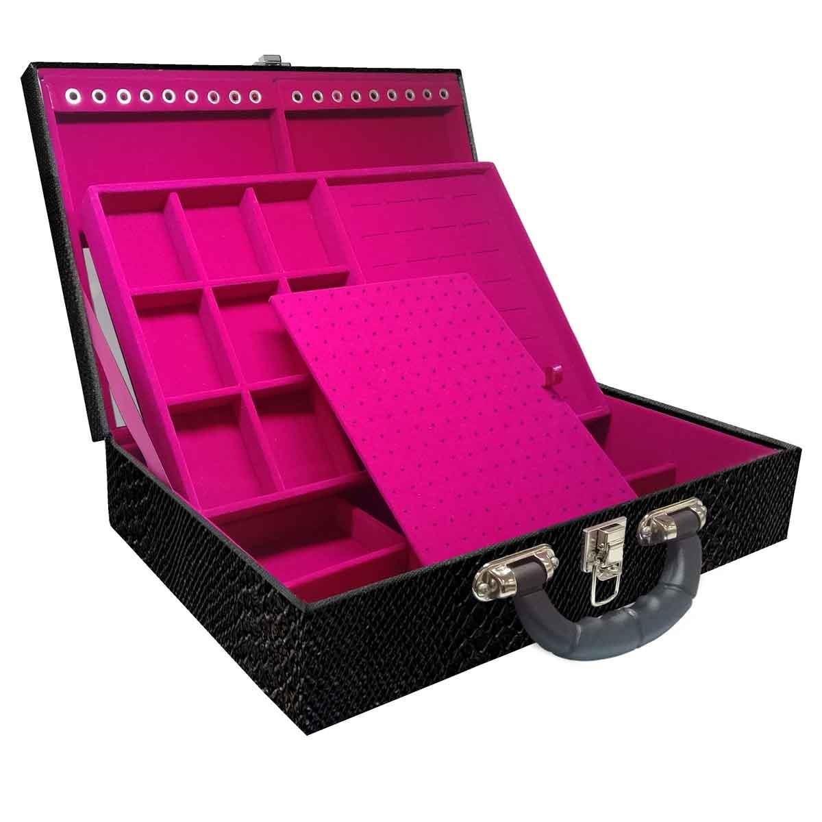 Estojo Maleta Porta Jóias Duplo Grande Vibora Preta Com Alça Preta e Espelho