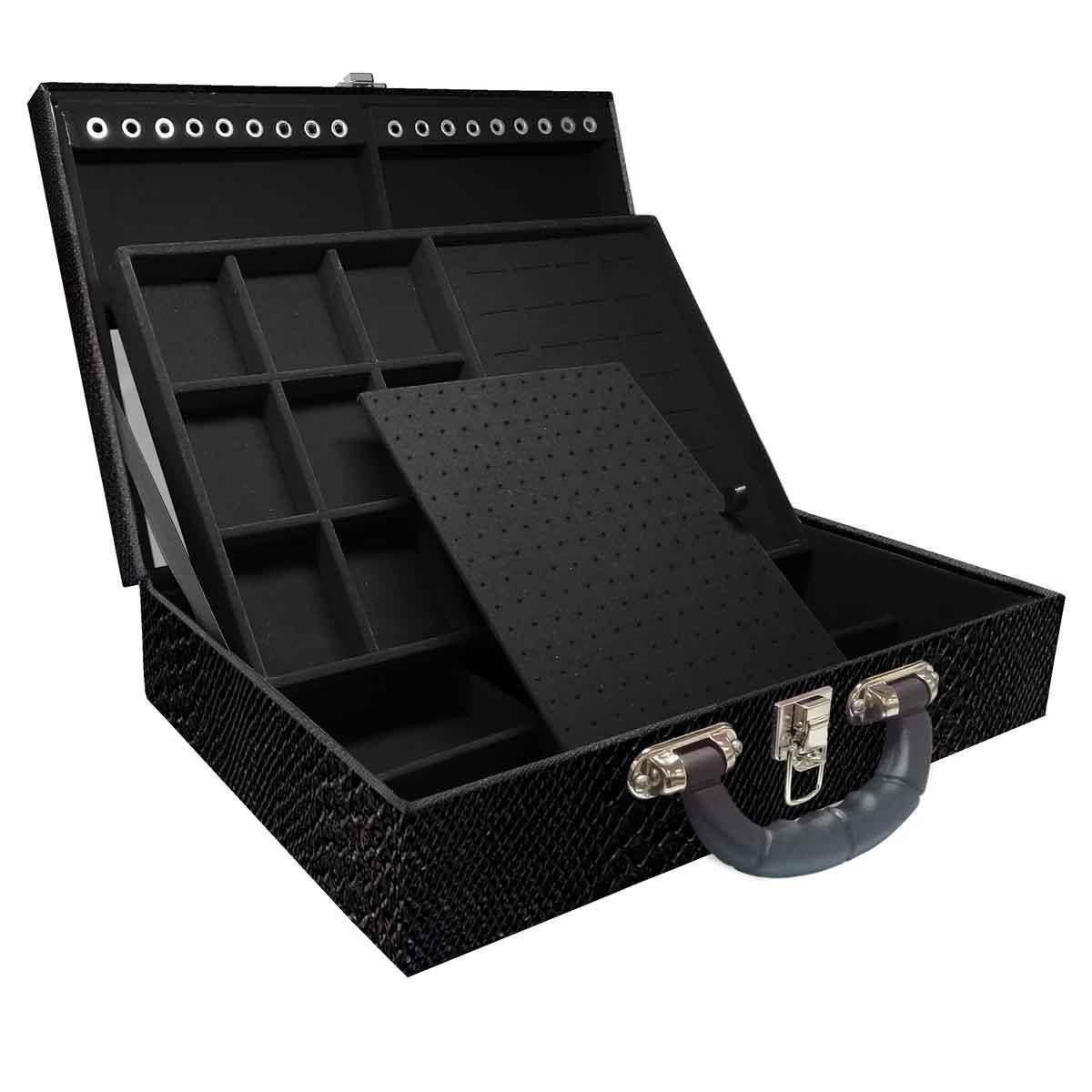 Estojo Maleta Porta Jóias Duplo Grande Vibora Preta Com Alça Preta e Espelho