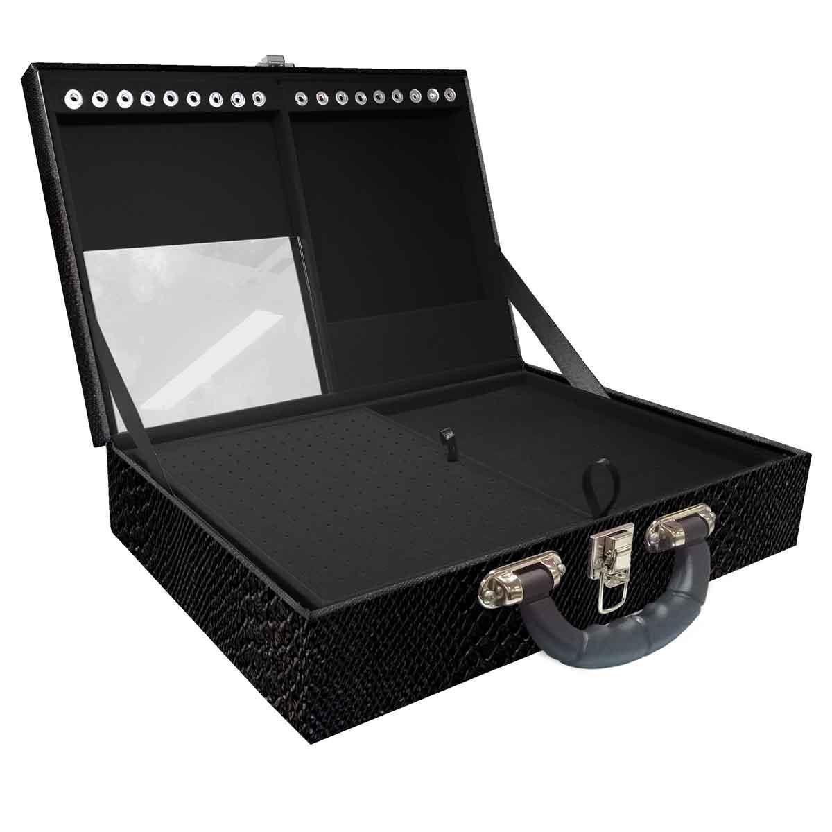 Estojo Maleta Porta Jóias Duplo Grande Vibora Preta Com Alça Preta e Espelho