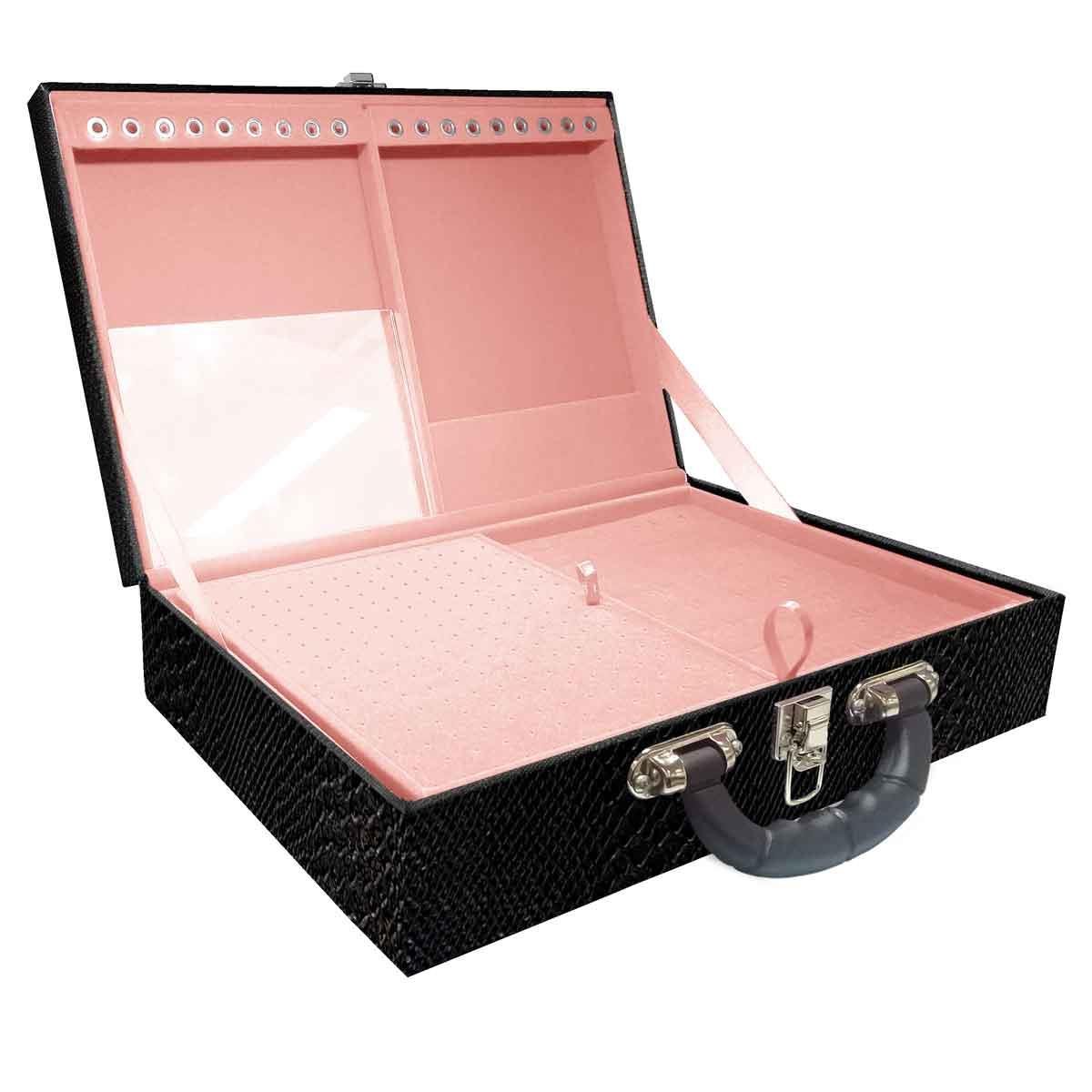 Estojo Maleta Porta Jóias Duplo Grande Vibora Preta Com Alça Preta e Espelho