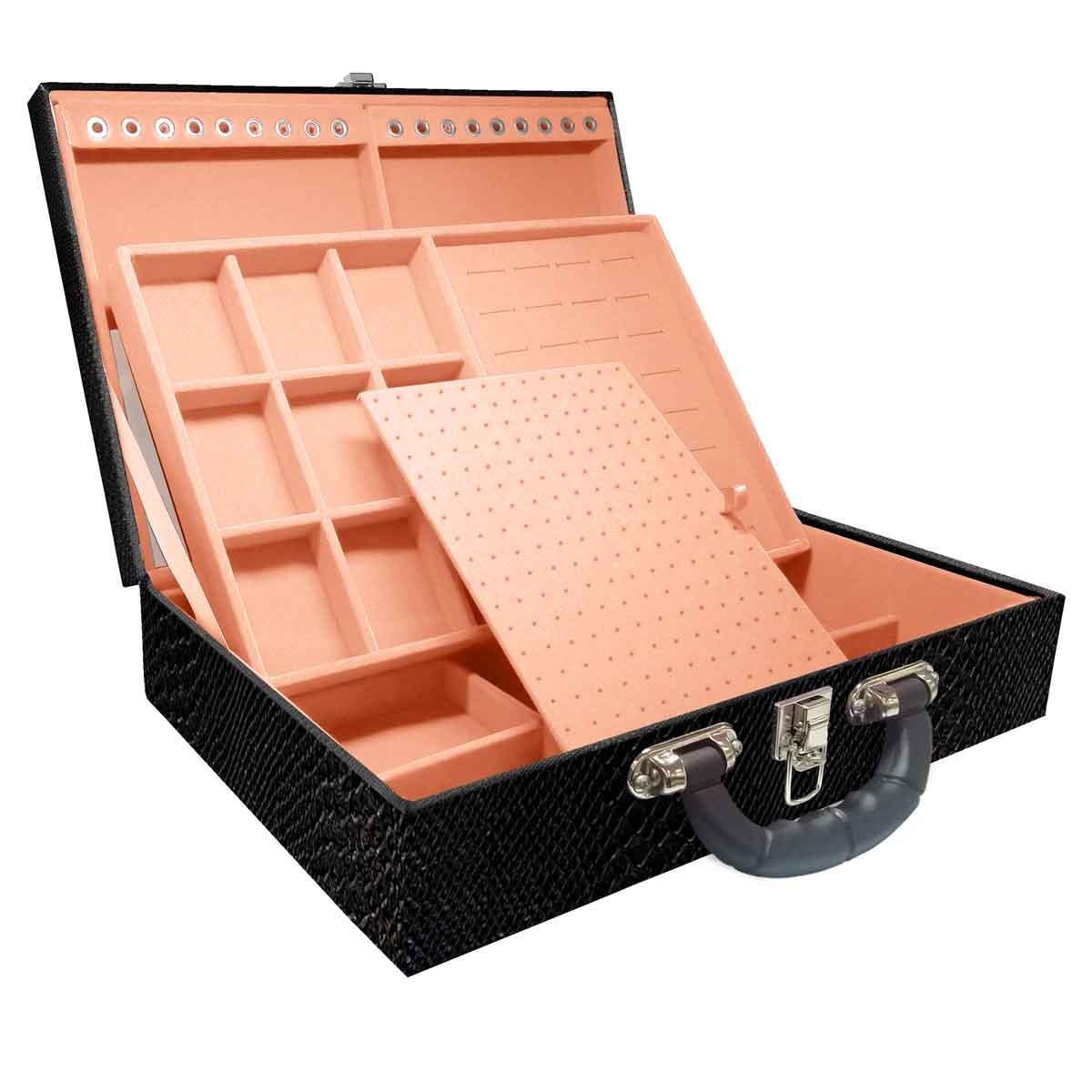 Estojo Maleta Porta Jóias Duplo Grande Vibora Preta Com Alça Preta e Espelho