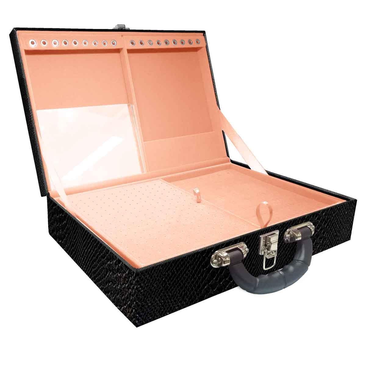 Estojo Maleta Porta Jóias Duplo Grande Vibora Preta Com Alça Preta e Espelho