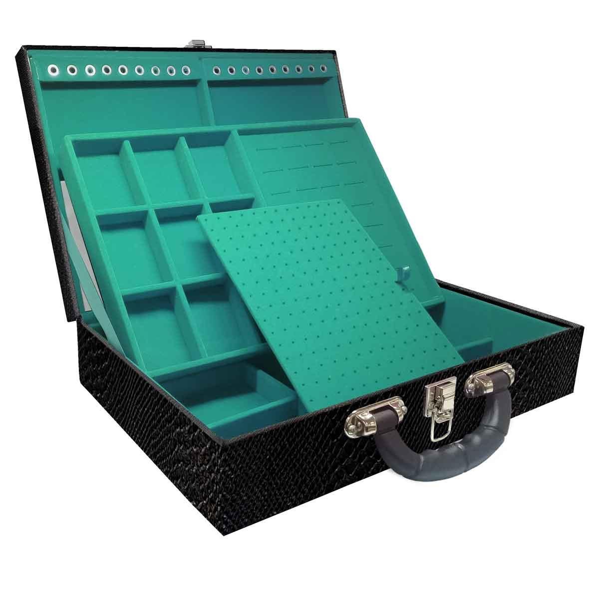 Estojo Maleta Porta Jóias Duplo Grande Vibora Preta Com Alça Preta e Espelho