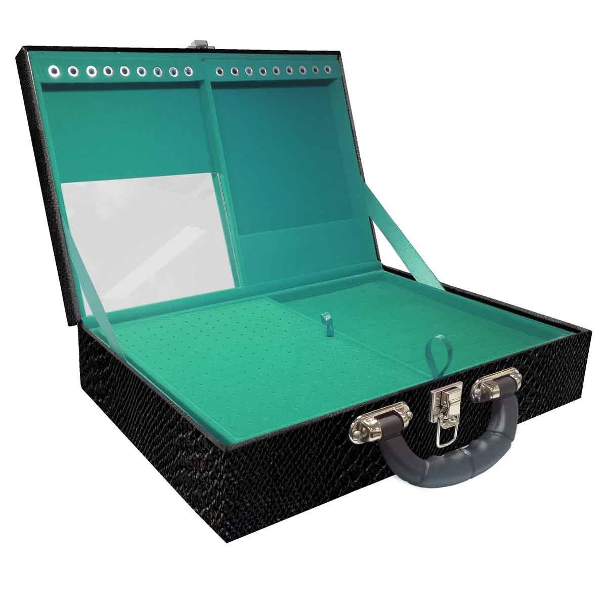 Estojo Maleta Porta Jóias Duplo Grande Vibora Preta Com Alça Preta e Espelho