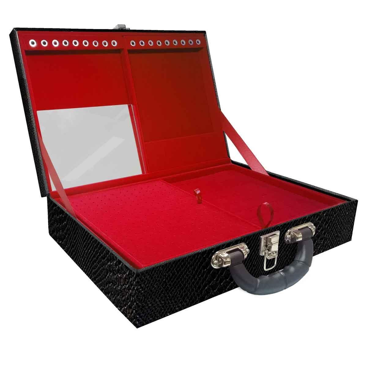 Estojo Maleta Porta Jóias Duplo Grande Vibora Preta Com Alça Preta e Espelho