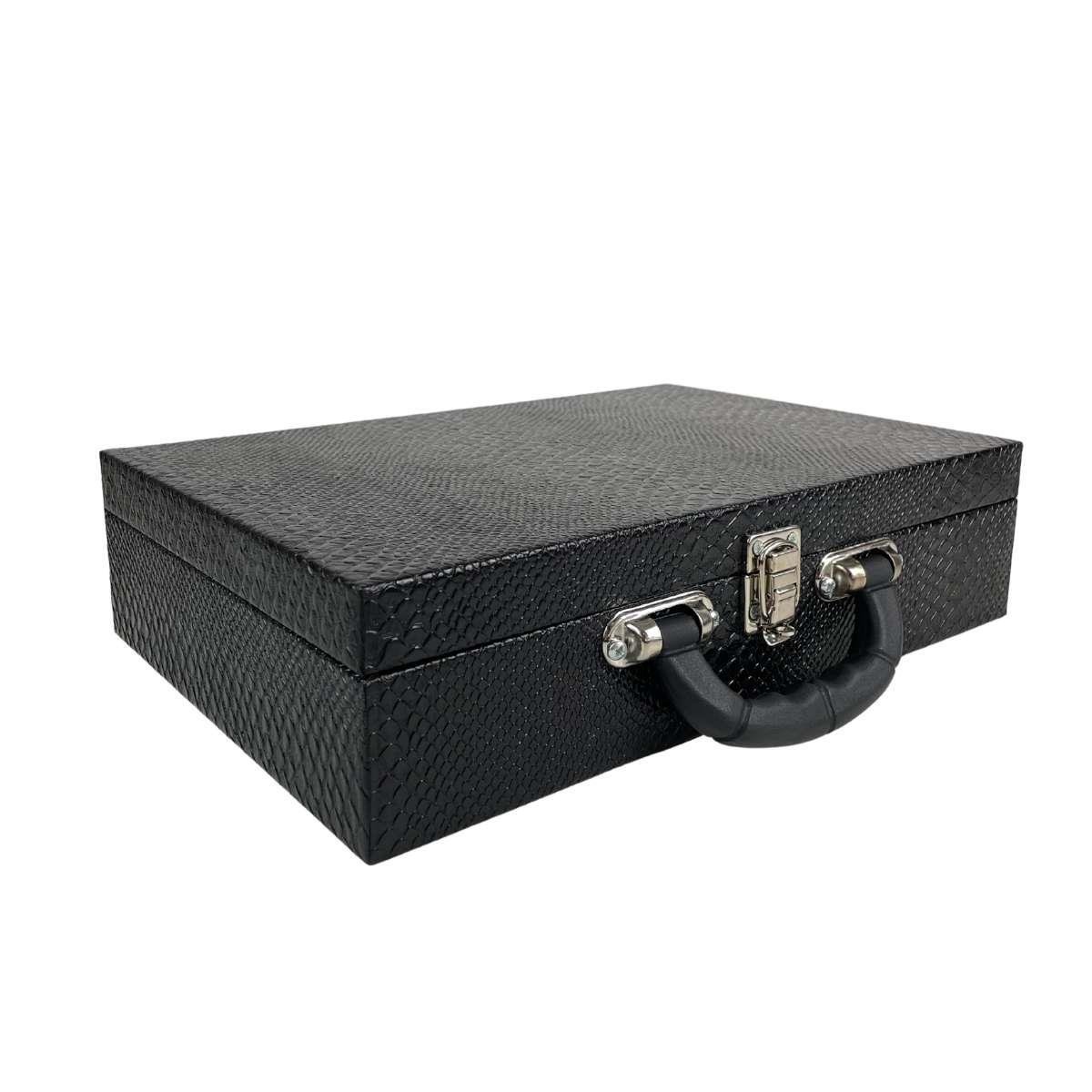 Estojo Maleta Porta Jóias Duplo Grande Vibora Preta Com Alça Preta e Espelho