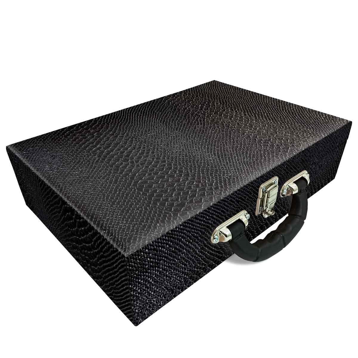 Estojo Maleta Porta Jóias Duplo Grande Vibora Preta Com Alça Preta e Espelho