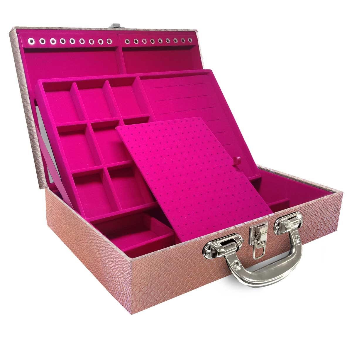 Estojo Maleta Porta Jóias Duplo Grande Vibora Rosa Bebe Metalizada Com Alça Cromada e Espelho