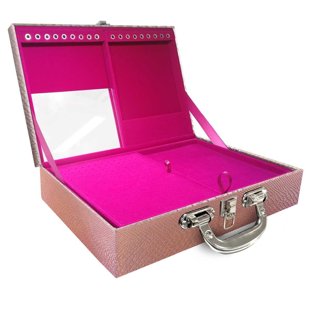 Estojo Maleta Porta Jóias Duplo Grande Vibora Rosa Bebe Metalizada Com Alça Cromada e Espelho