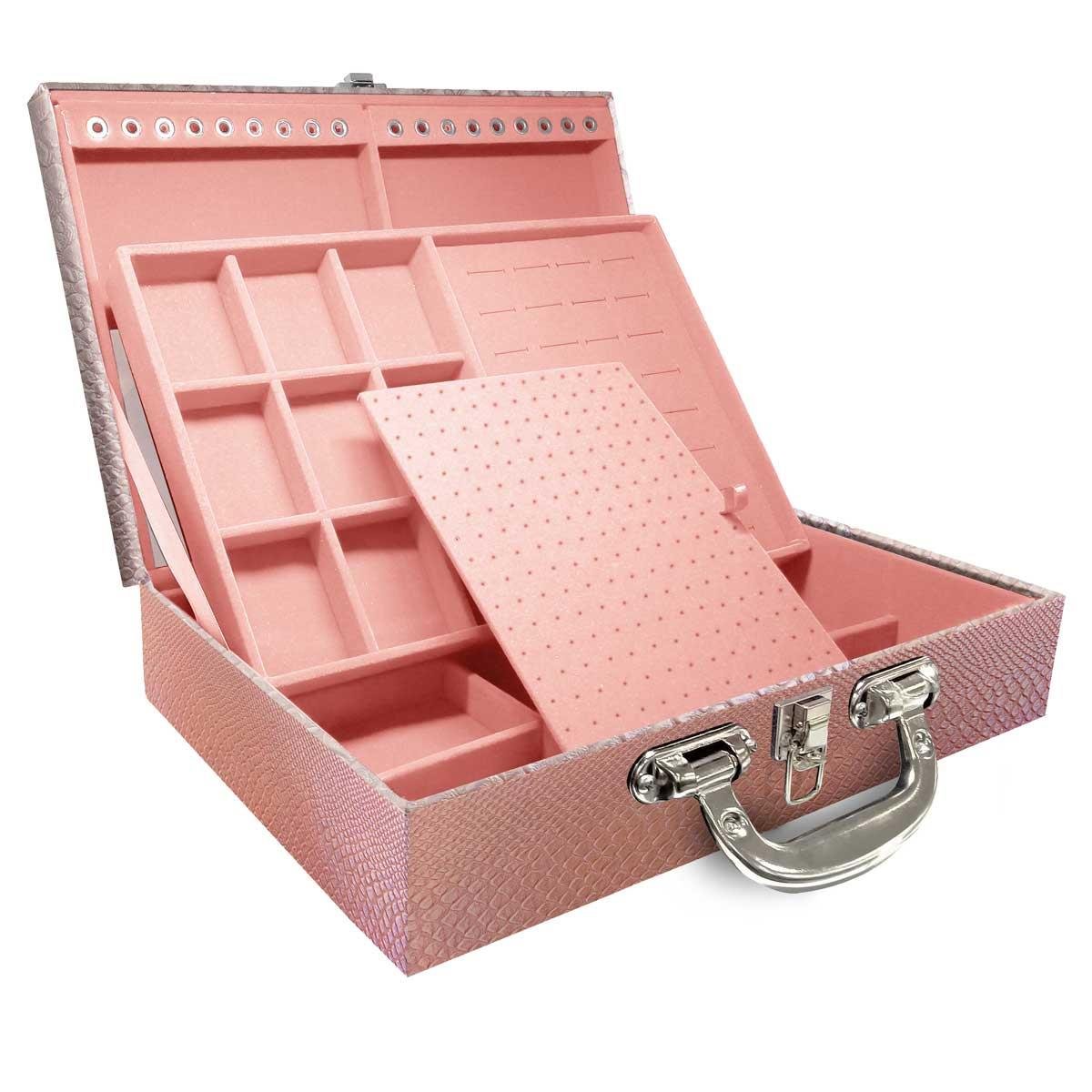 Estojo Maleta Porta Jóias Duplo Grande Vibora Rosa Bebe Metalizada Com Alça Cromada e Espelho