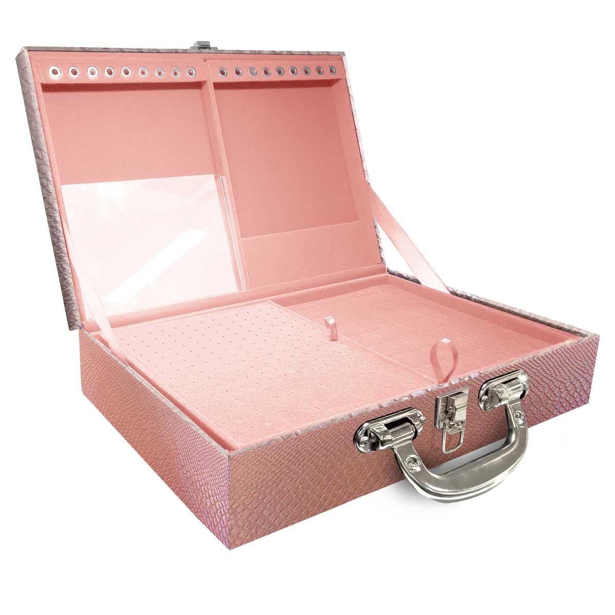 Estojo Maleta Porta Jóias Duplo Grande Vibora Rosa Bebe Metalizada Com Alça Cromada e Espelho