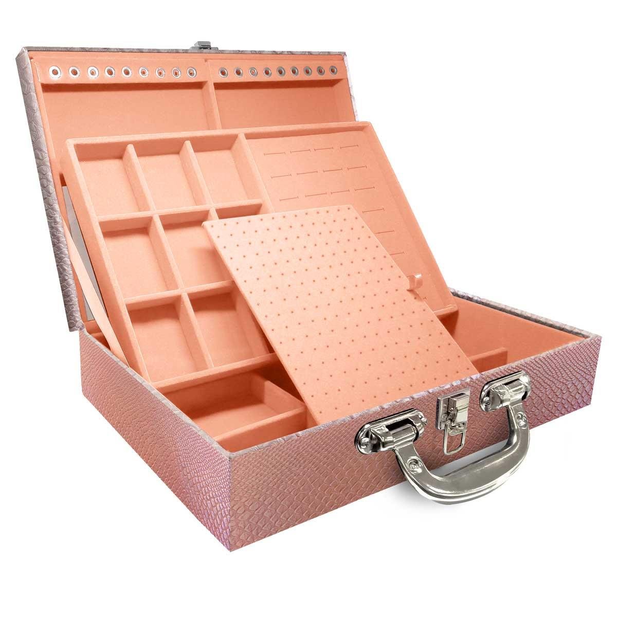 Estojo Maleta Porta Jóias Duplo Grande Vibora Rosa Bebe Metalizada Com Alça Cromada e Espelho